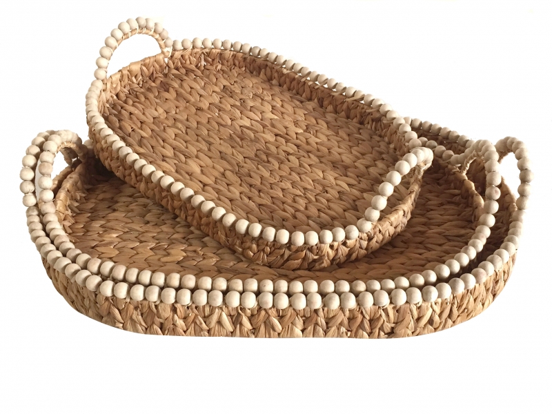Custom-made Oval Water Hyacinth Tray Set with Wooden Beads - Eco-friendly Serving & Decor